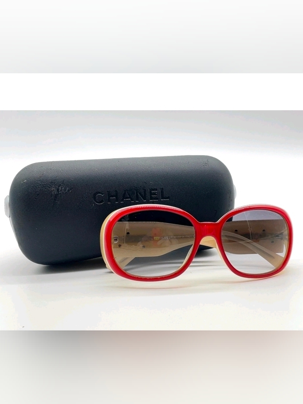 Authentic Chanel 5113 c.970/11 Camellia Red Beige Sunglasses W/Case - Picture 2 of 16